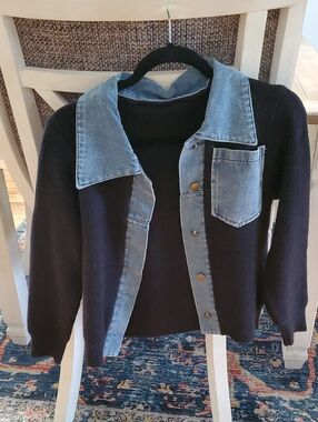 Two-Tone Knit Cardigan with Denim Trim - Black and Light Blue